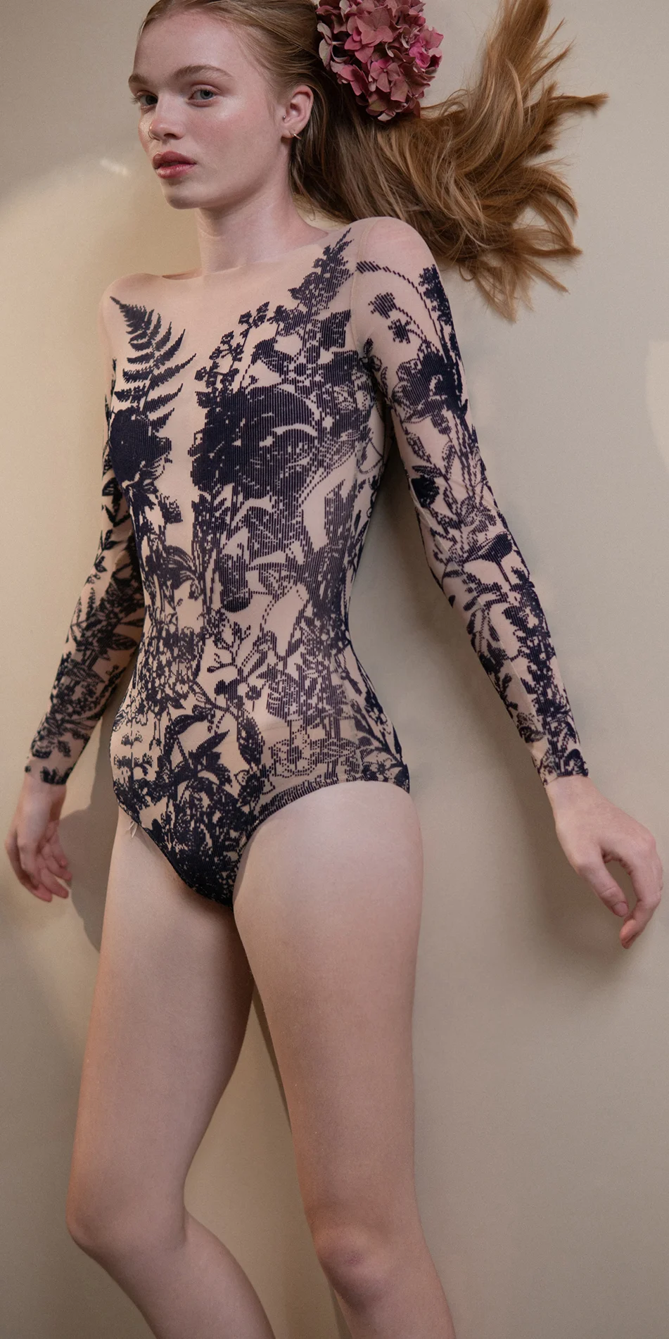 BLOSSOMS – second skin flock print bodysuit – indigo 2