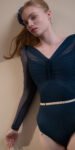 GRES – blue marine draped leotard with long puff sleeves 2