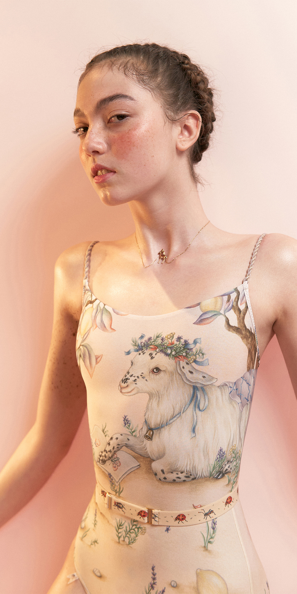READING LAMB camisole leotard with hand braided straps peach multicolor 3