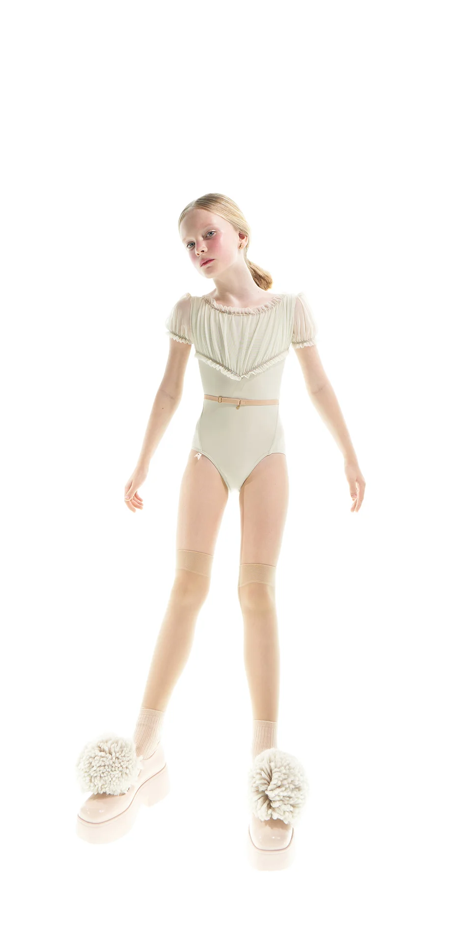 10JUNIOR FOXY ruched crop leotard with short puff sleeves marshmallow ONOFF 1
