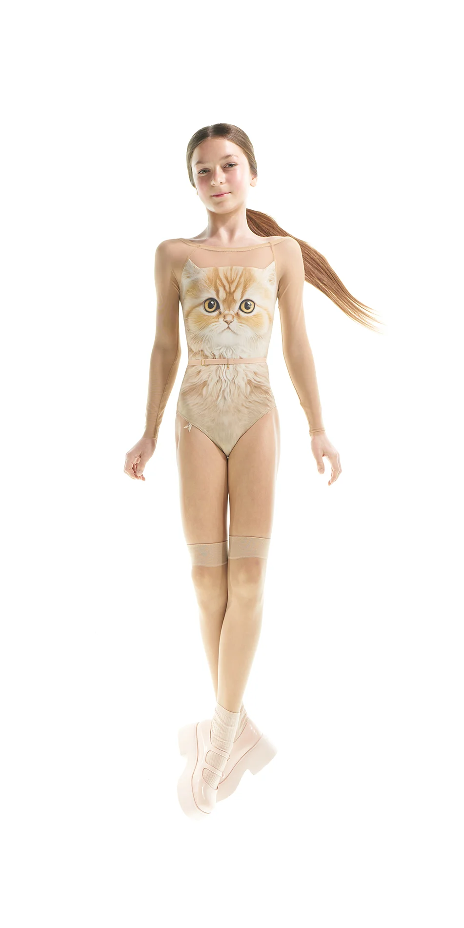 JUNIOR CATavatar boatneck leotard with mesh décoletté & sleeves hone AI 1