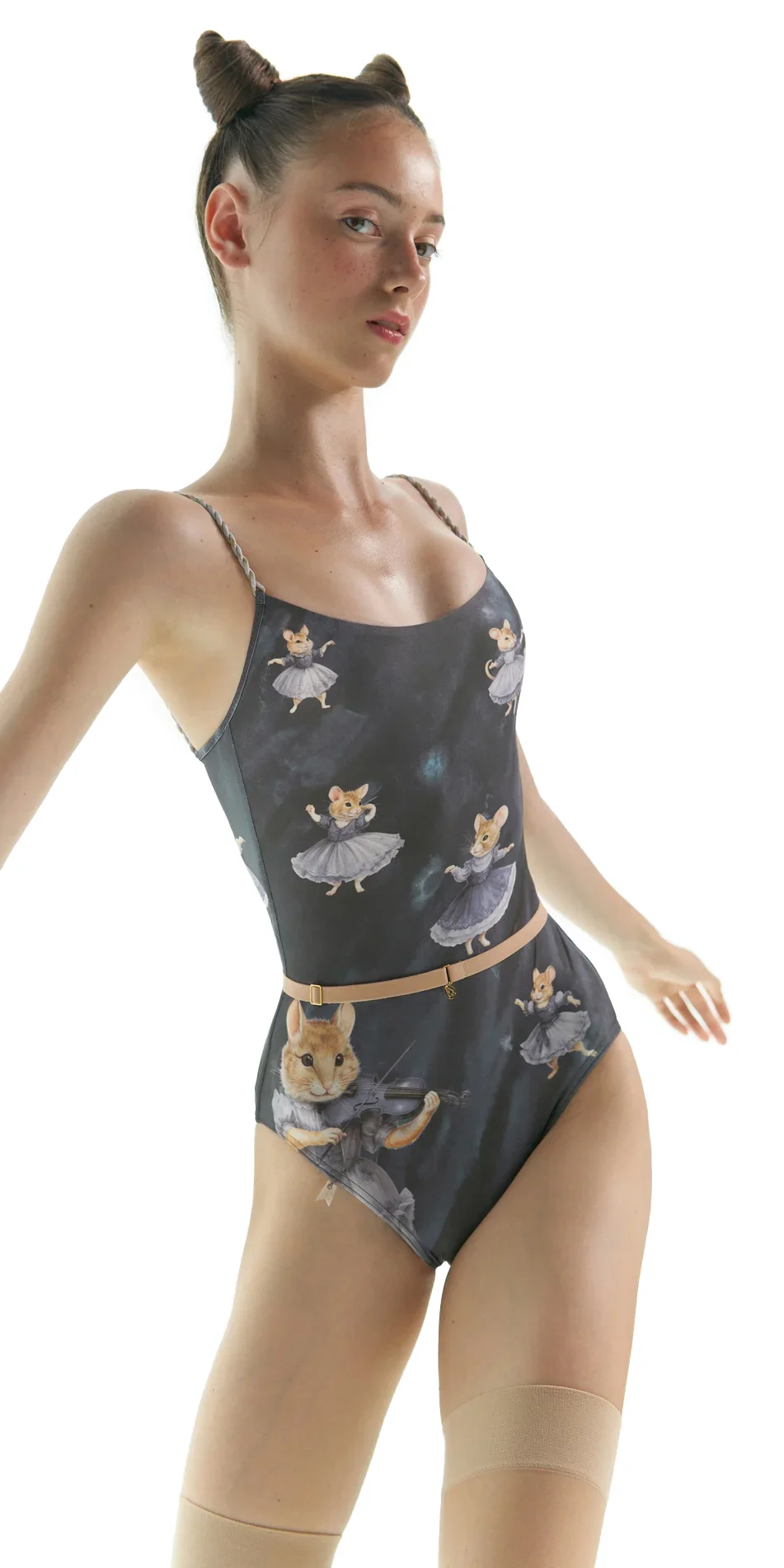 MOUSY – camisole leotard with hand braided straps – off grey on1