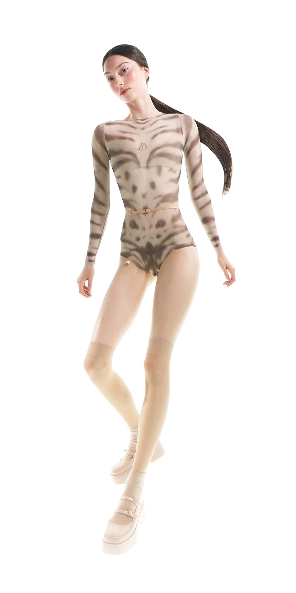 2Tabby CAT fur print mesh boatneck bodysuit marshmallow&dark chocolate ONOFF 3