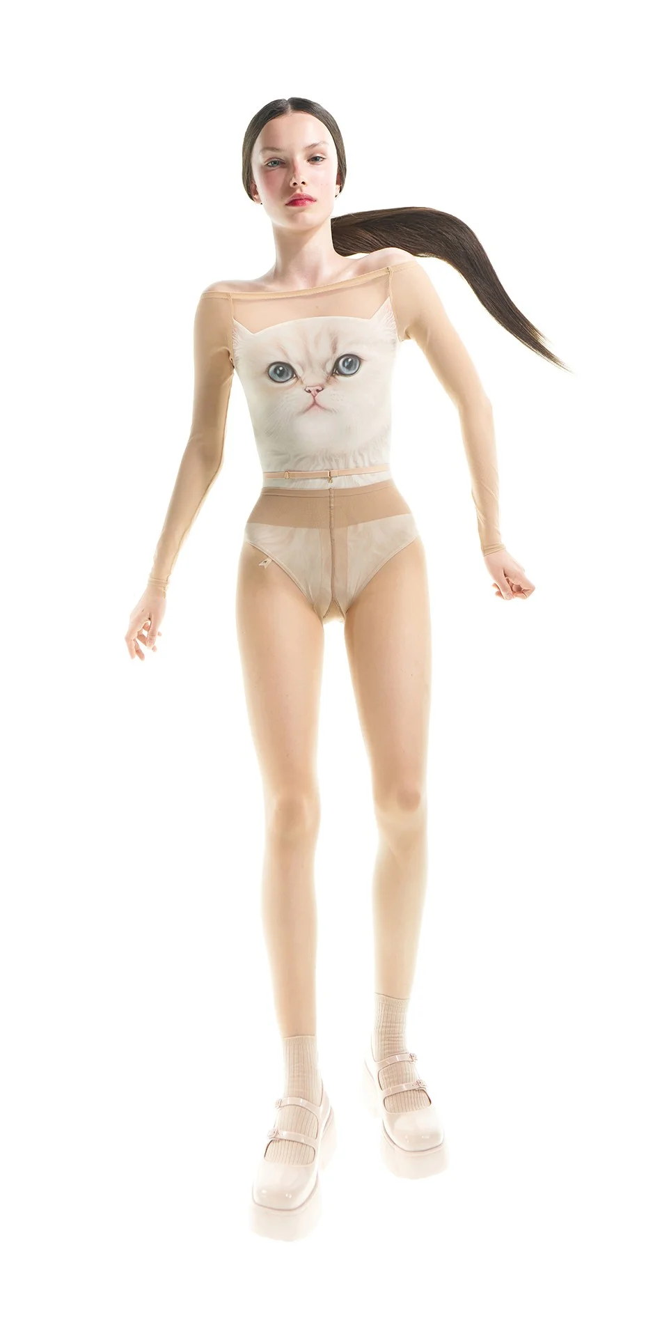 6CATavatar boatneck leotard with mesh decolette sleeves cream AI ONOFF 1