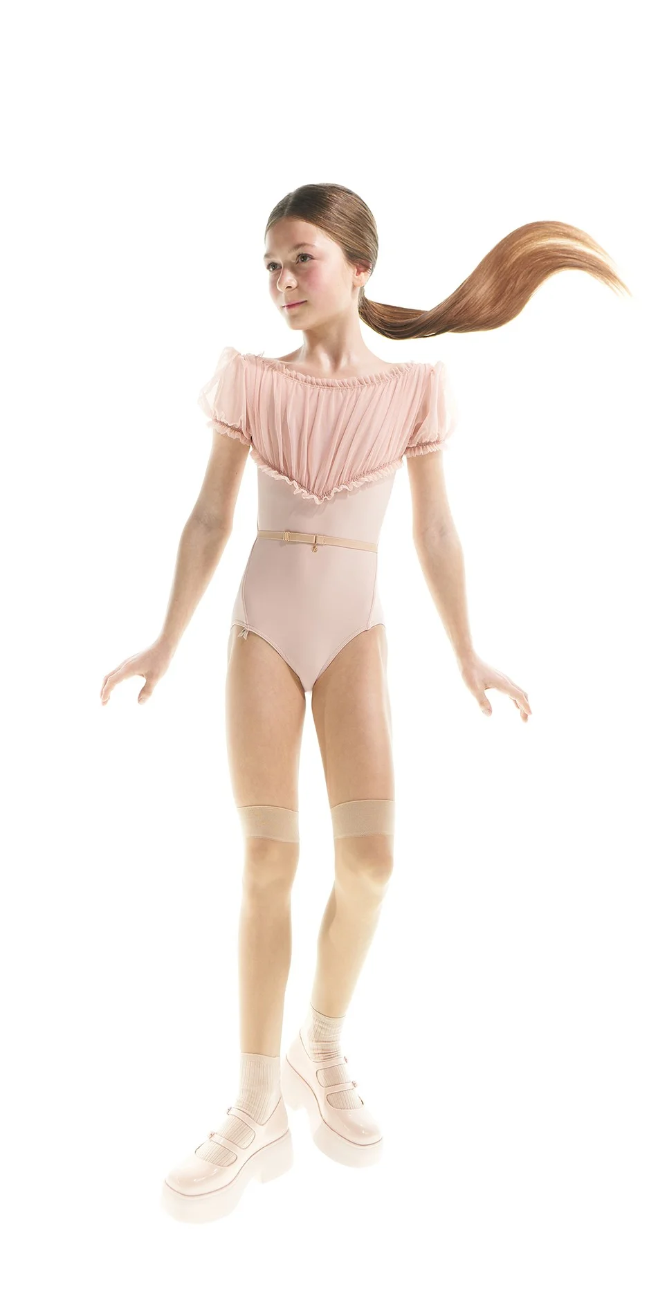 8JUNIOR FOXY ruched crop leotard with short puff sleeves baby blush ONOFF 1