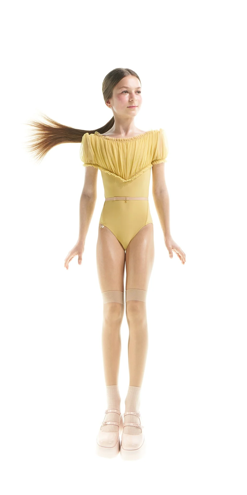 8JUNIOR FOXY ruched crop leotard with short puff sleeves fresh ginger ONOFF 1