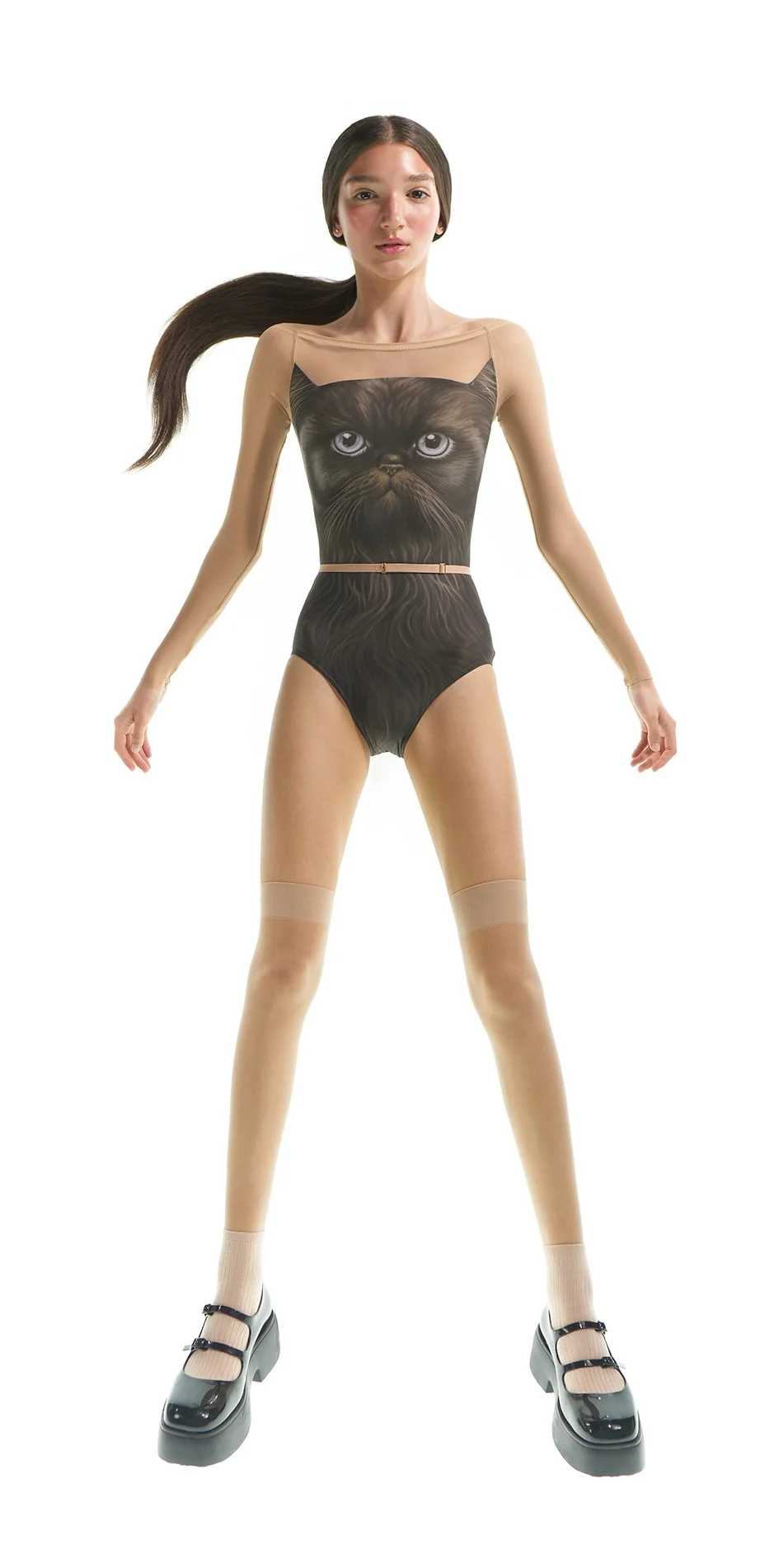 9CATavatar boatneck leotard with mesh decolette sleeves murk AI ONOFF 1