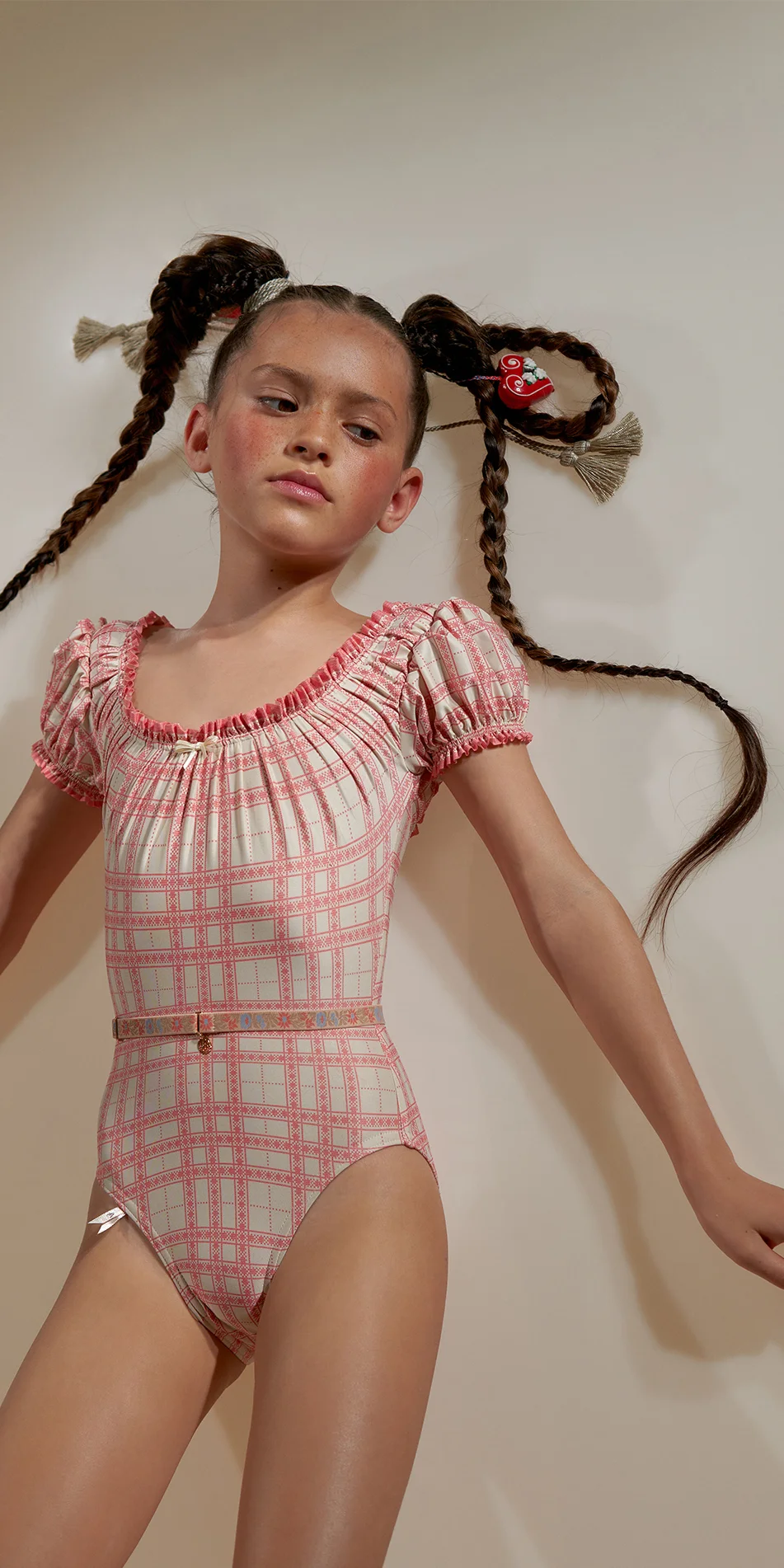 JUNIOR GINGHAM MAIDEN ruched décoletté leotard with puff sleeves crimson 3