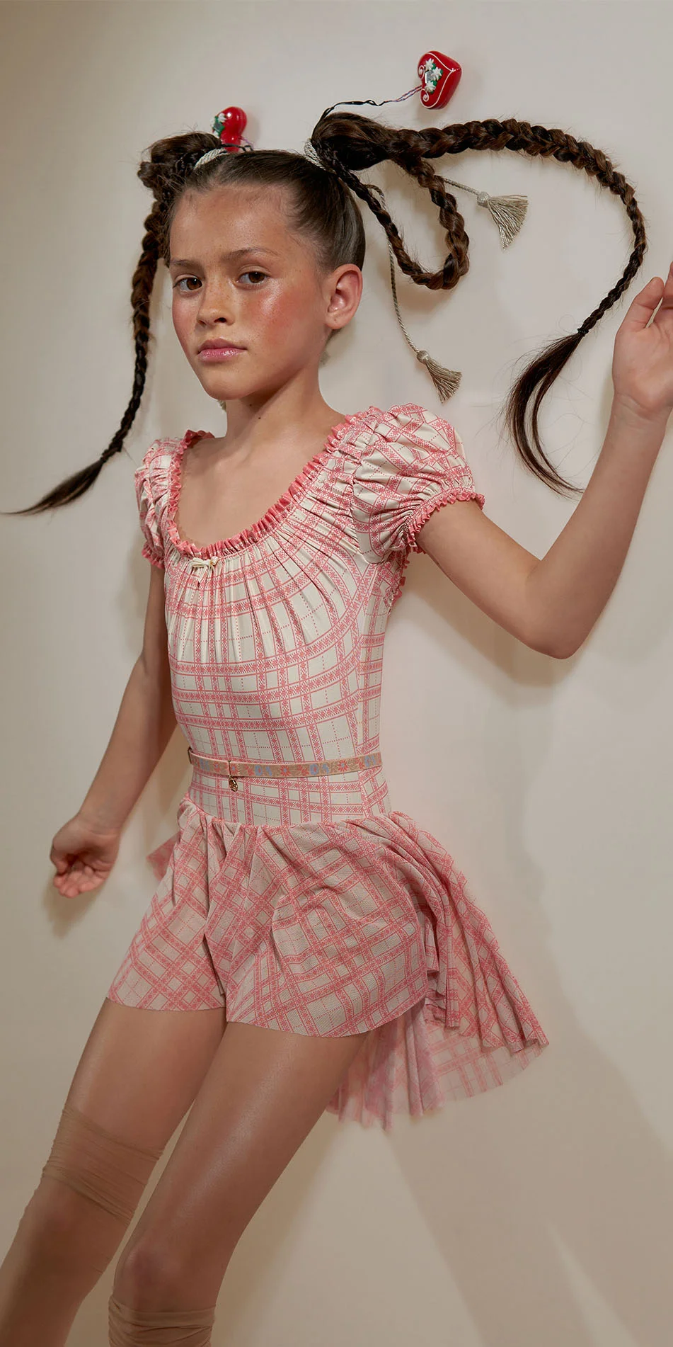 JUNIOR GINGHAM MAIDEN ruched décoletté leotard with puff sleeves crimson 8