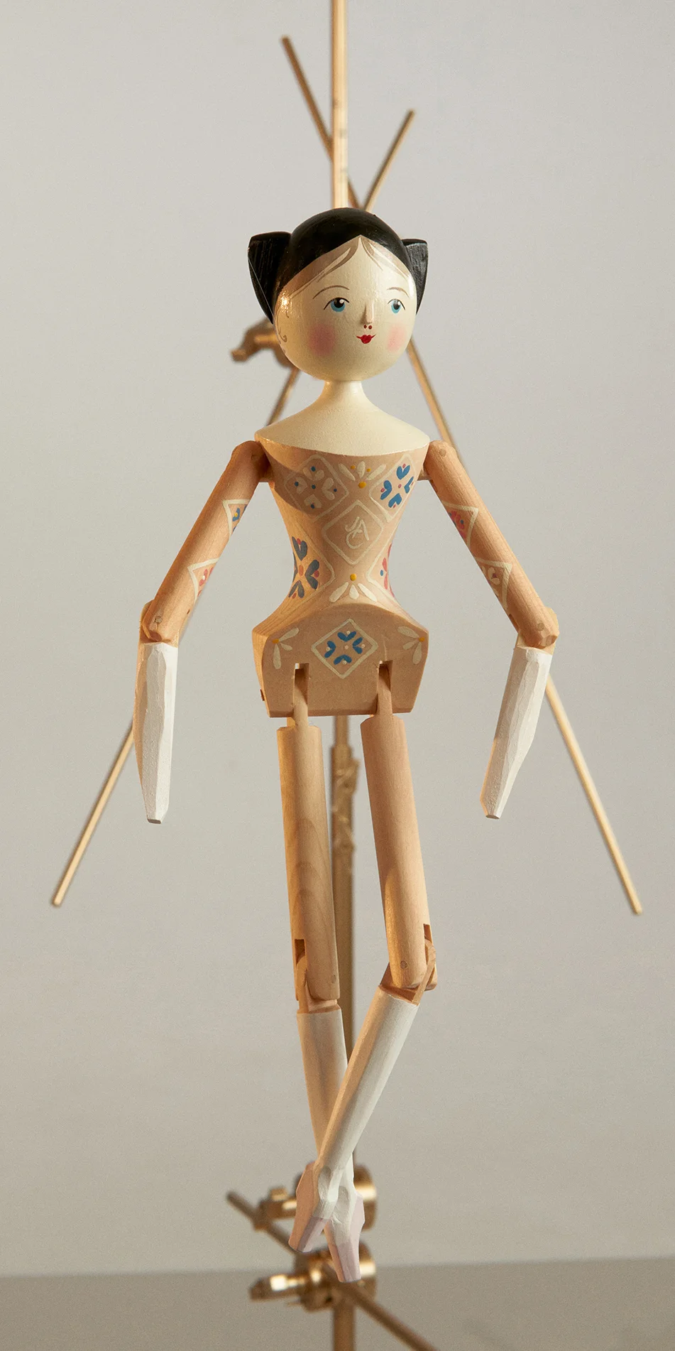 Grodnertal wooden ballerina doll in granny square front view on