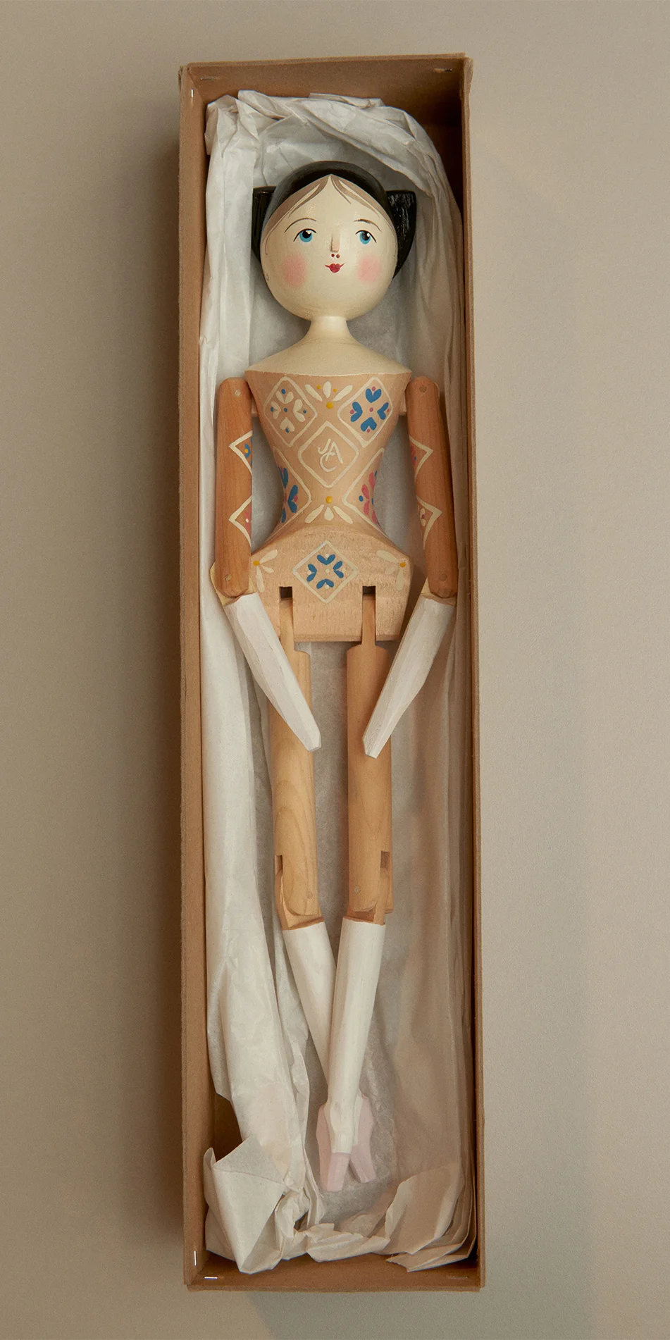 Grodnertal wooden ballerina doll in granny square front view packaging