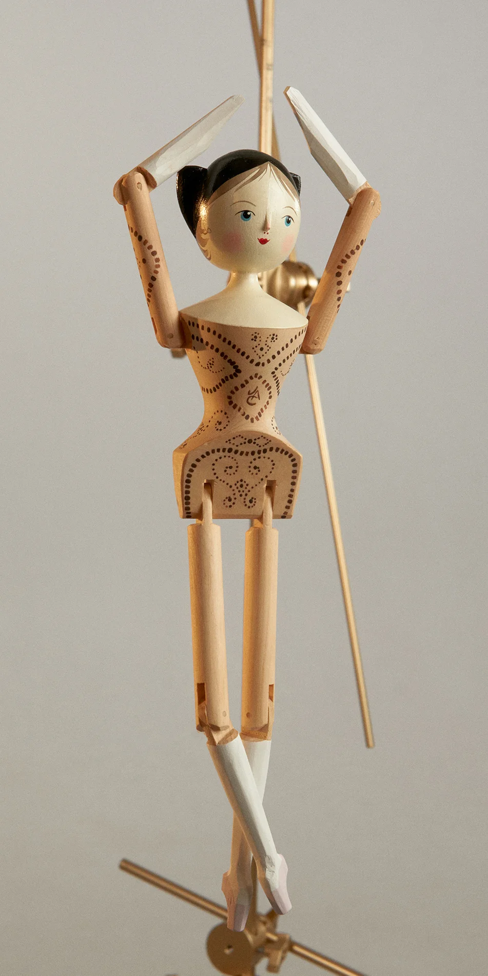 Grodnertal wooden ballerina doll in pyrogravure front view on