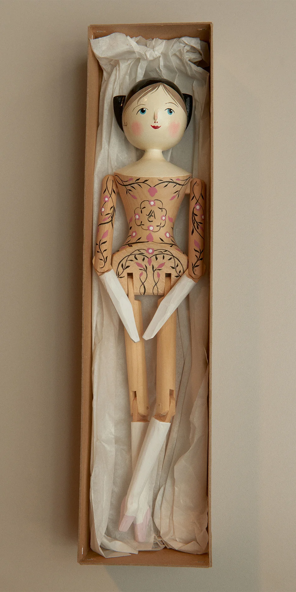 Grodnertal wooden ballerina doll in rosewood front view packaging