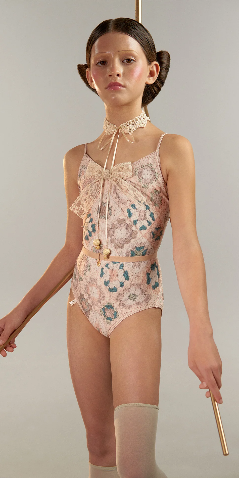 Junior camisole leotard in pearl pink cropped front view on