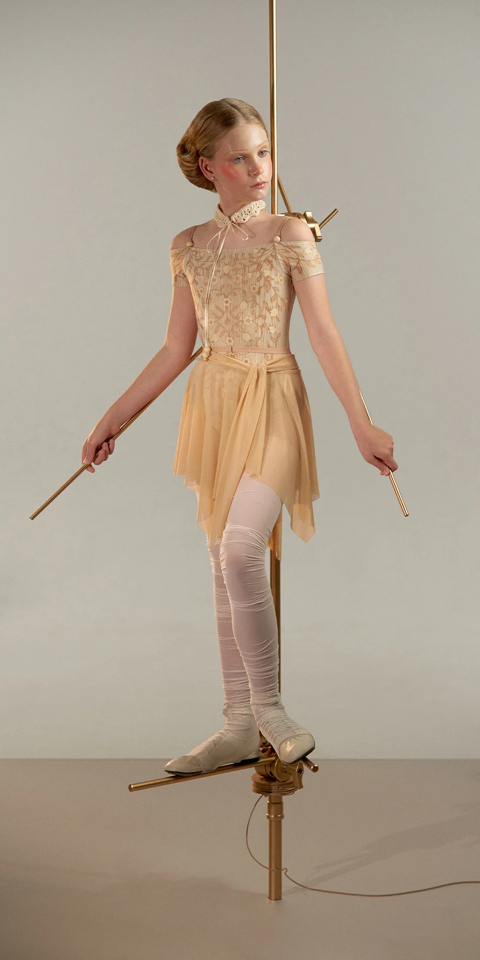 Junior draped wrap skirt in nude beige front view on