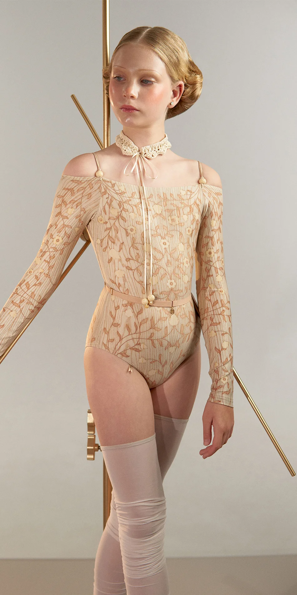 Junior off shoulder leotard in long sleeves pine cropped front view on