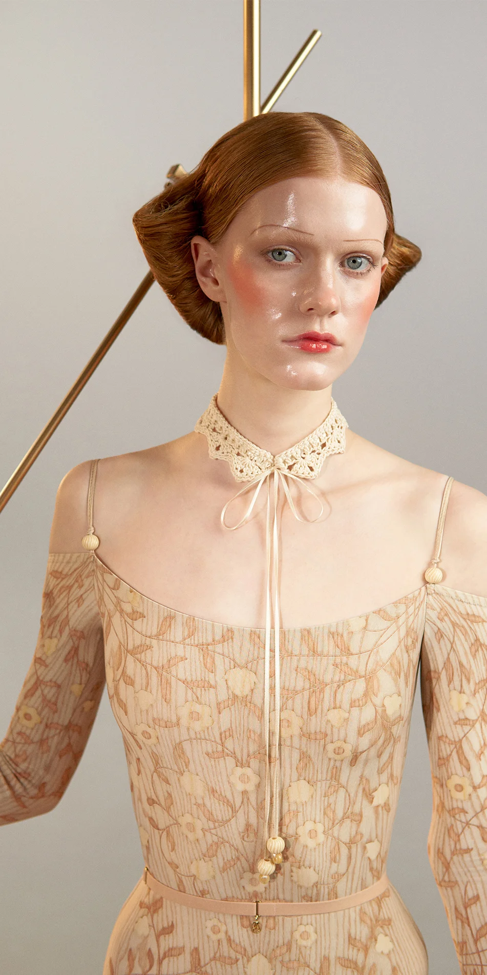 Lace crochet collar with strings in cream white front view on