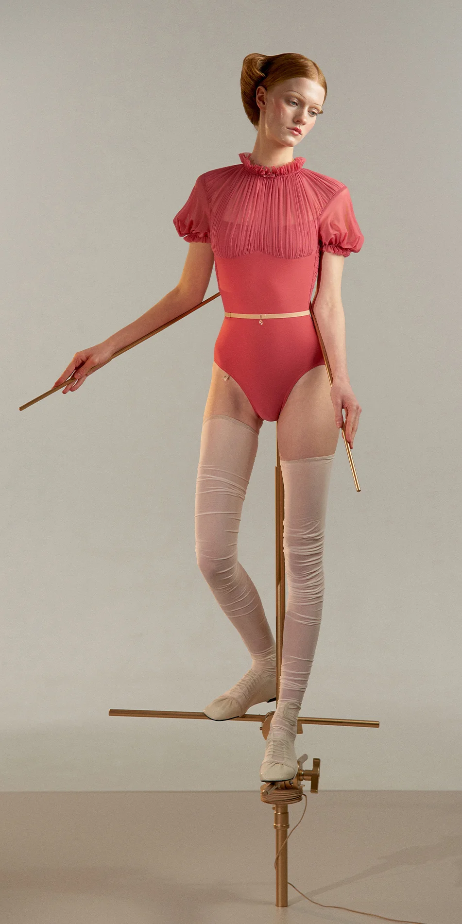 Mockneck leotard with puff sleeves cerise pink front view on