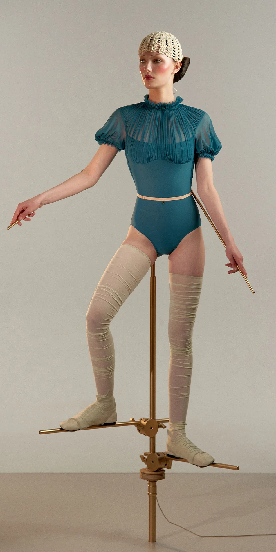 Mockneck leotard with puff sleeves petrol front view on