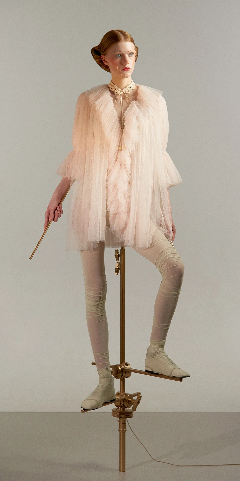 Sheer tunic with ruffles in pearl pink front view on 1