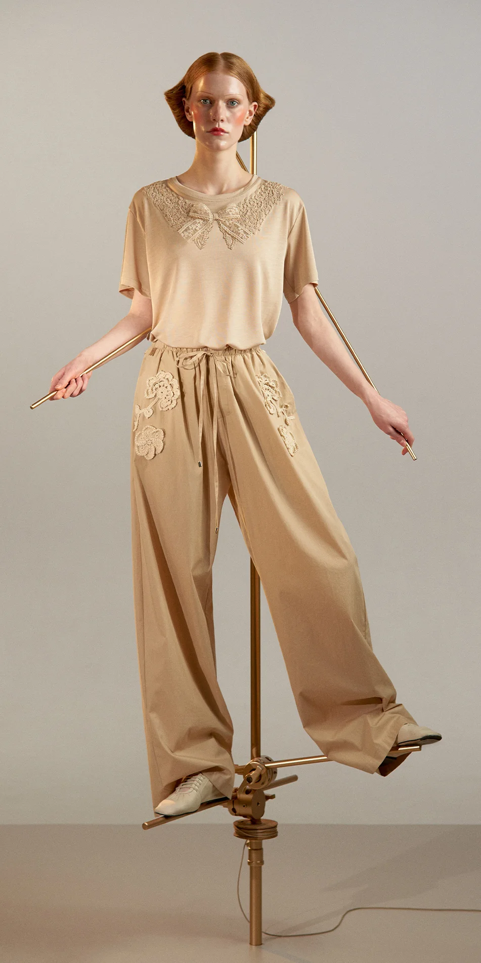 Tencel t shirt with crochet collar in biscuit beige front view on