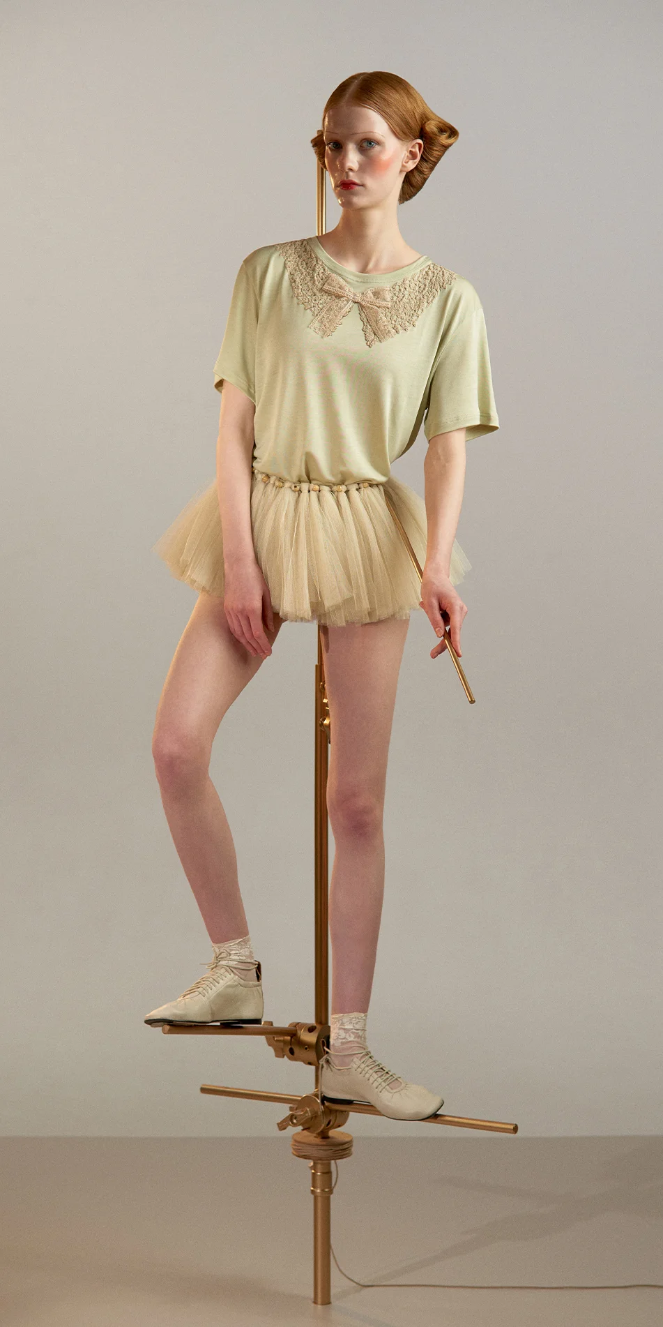 Tencel t shirt with crochet collar in green tea front view on
