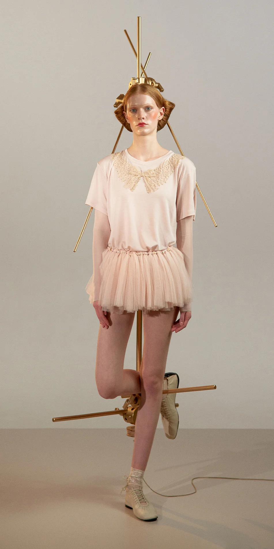 Tencel t shirt with crochet collar in pearl pink front view on