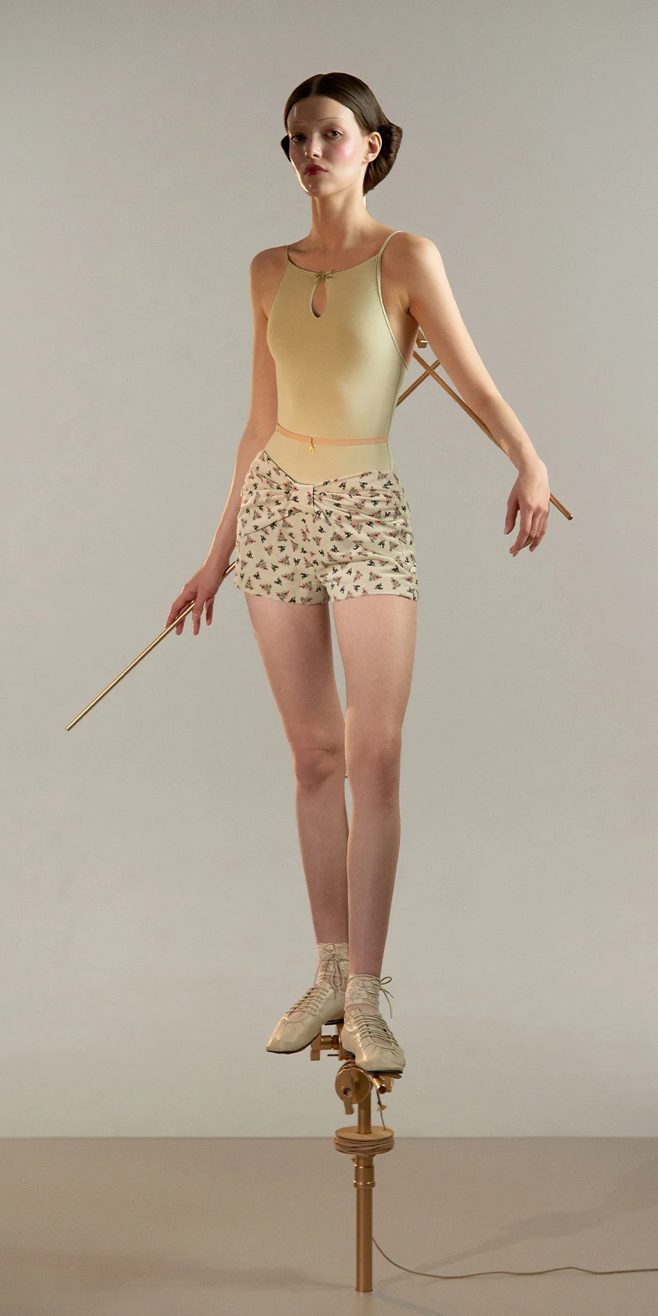 Women's tailored shorts in velvet with floral print front view on