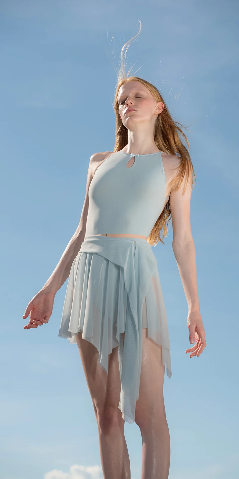 Draped wrap skirt sky blue front view