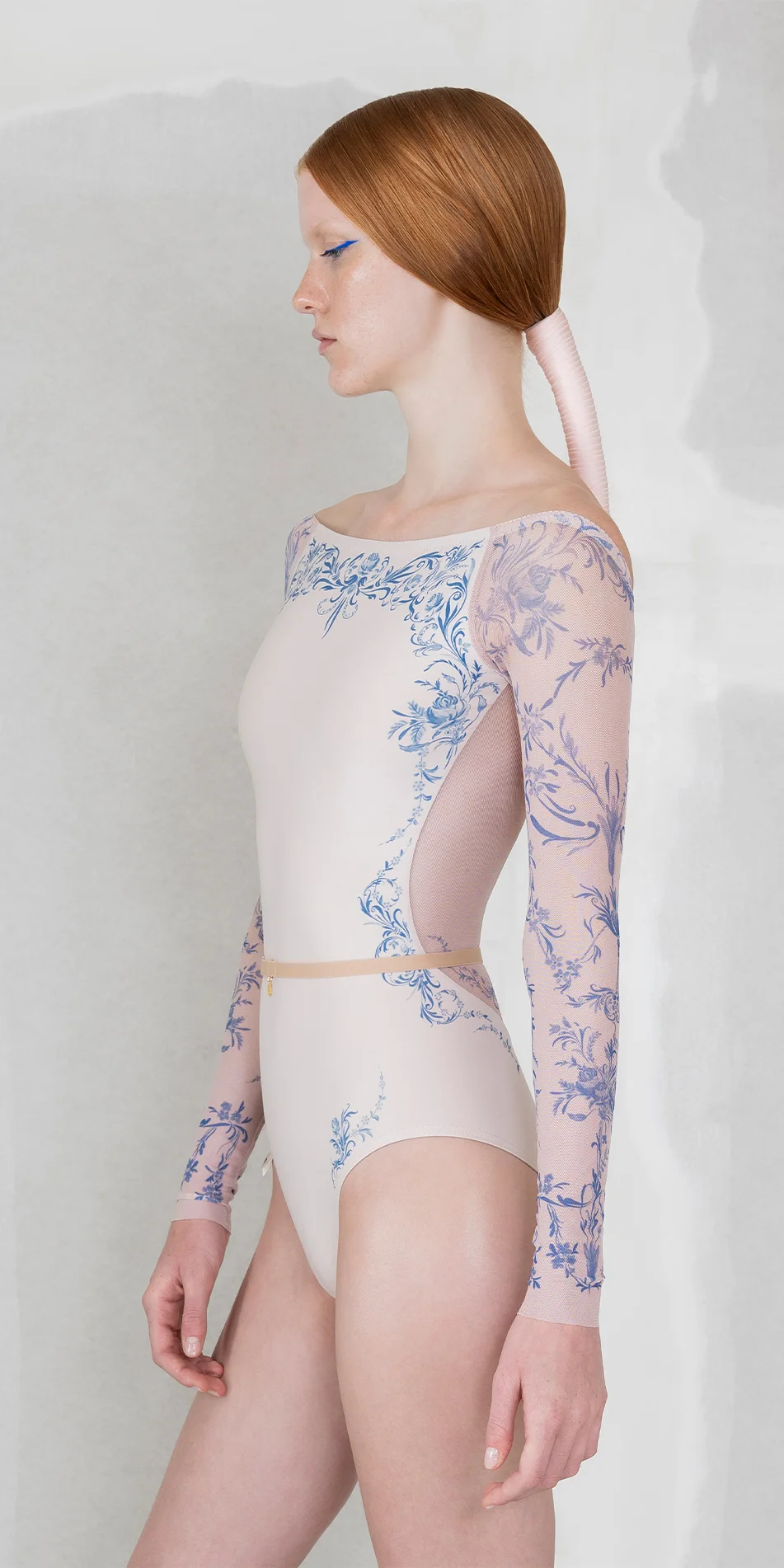 Boatneck leotard in porcelain print long sleeve side close up
