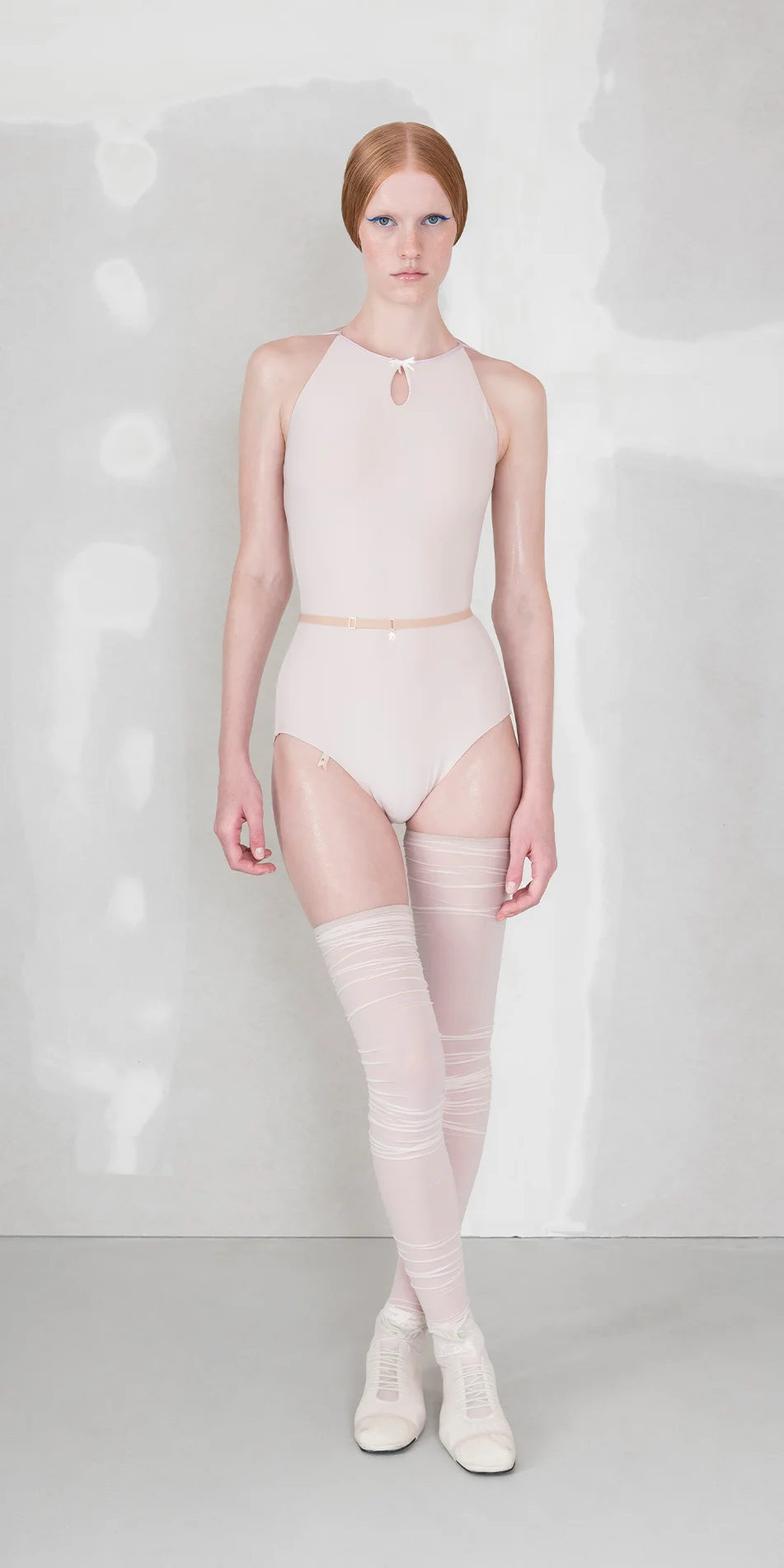 Classic choker leotard with cut out in pearl pink front view