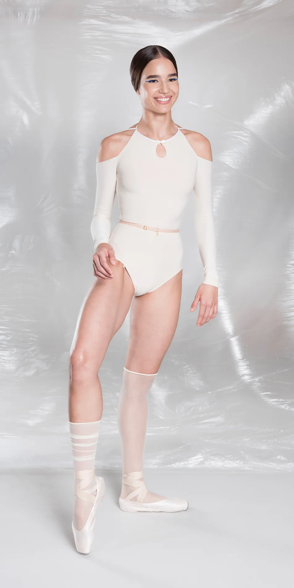 Off shoulder choker leotard in cream front view smiling