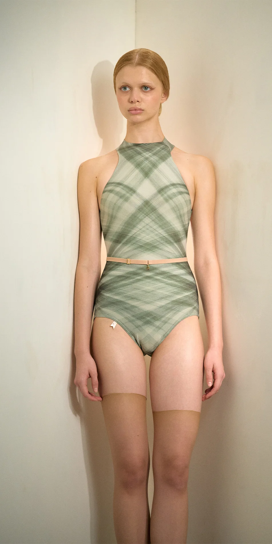 Chocker leotard in dark green tulle print front cropped on