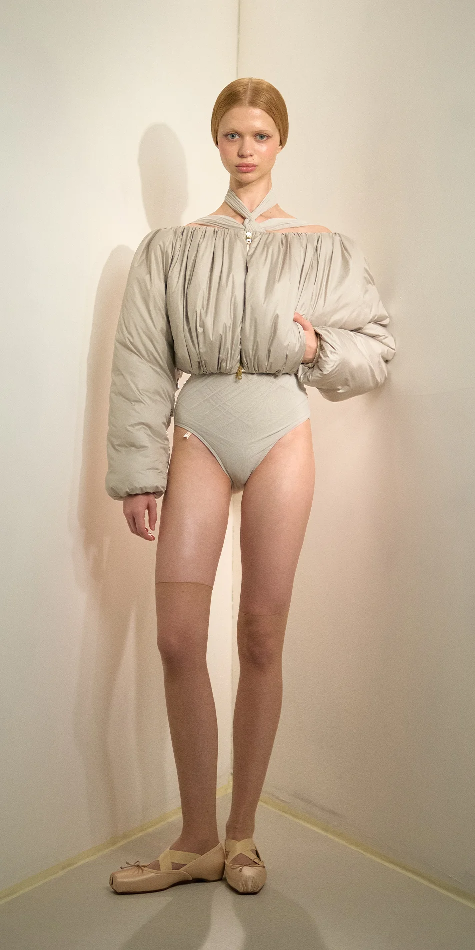 Cropped boatneck puffer jacket in sage green front view on