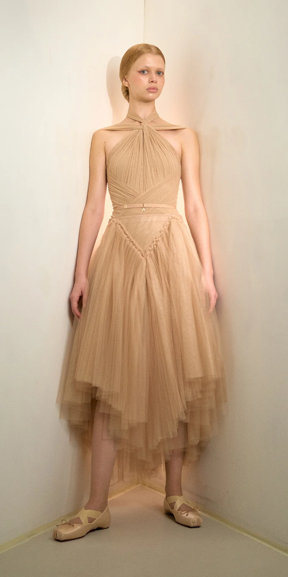 Draped tulle midi skirt in light beige front view on