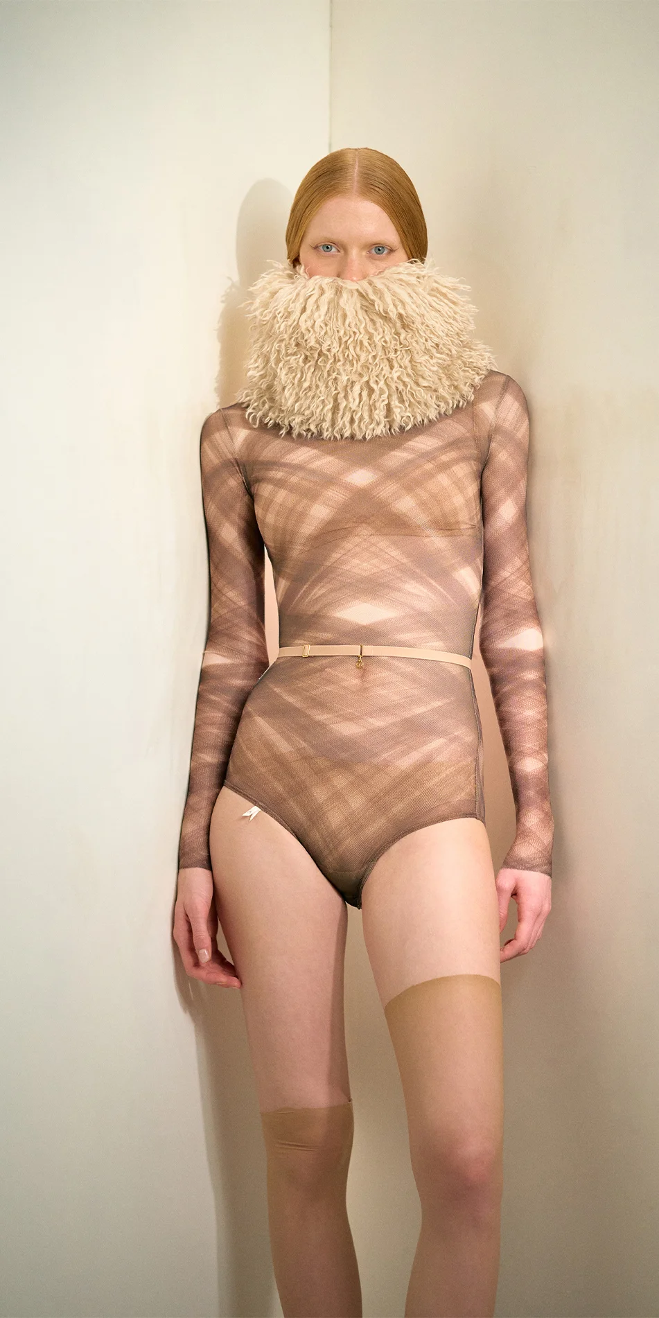 Faux fur hat neck warmer light beige arms down cropped on 1