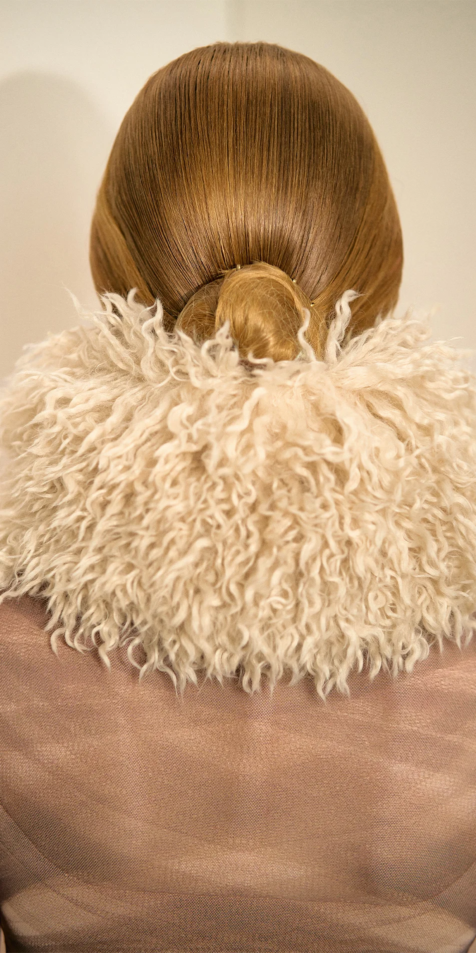 Faux fur hat neck warmer light beige back close up with printed leotard