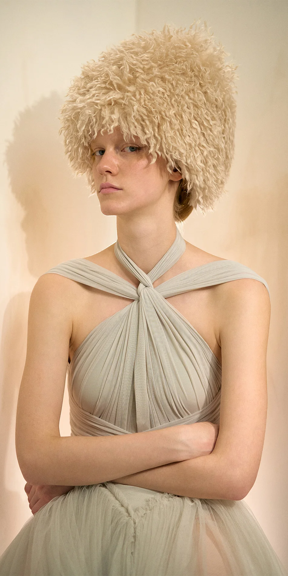 Faux fur hat neck warmer light beige front arms crossed