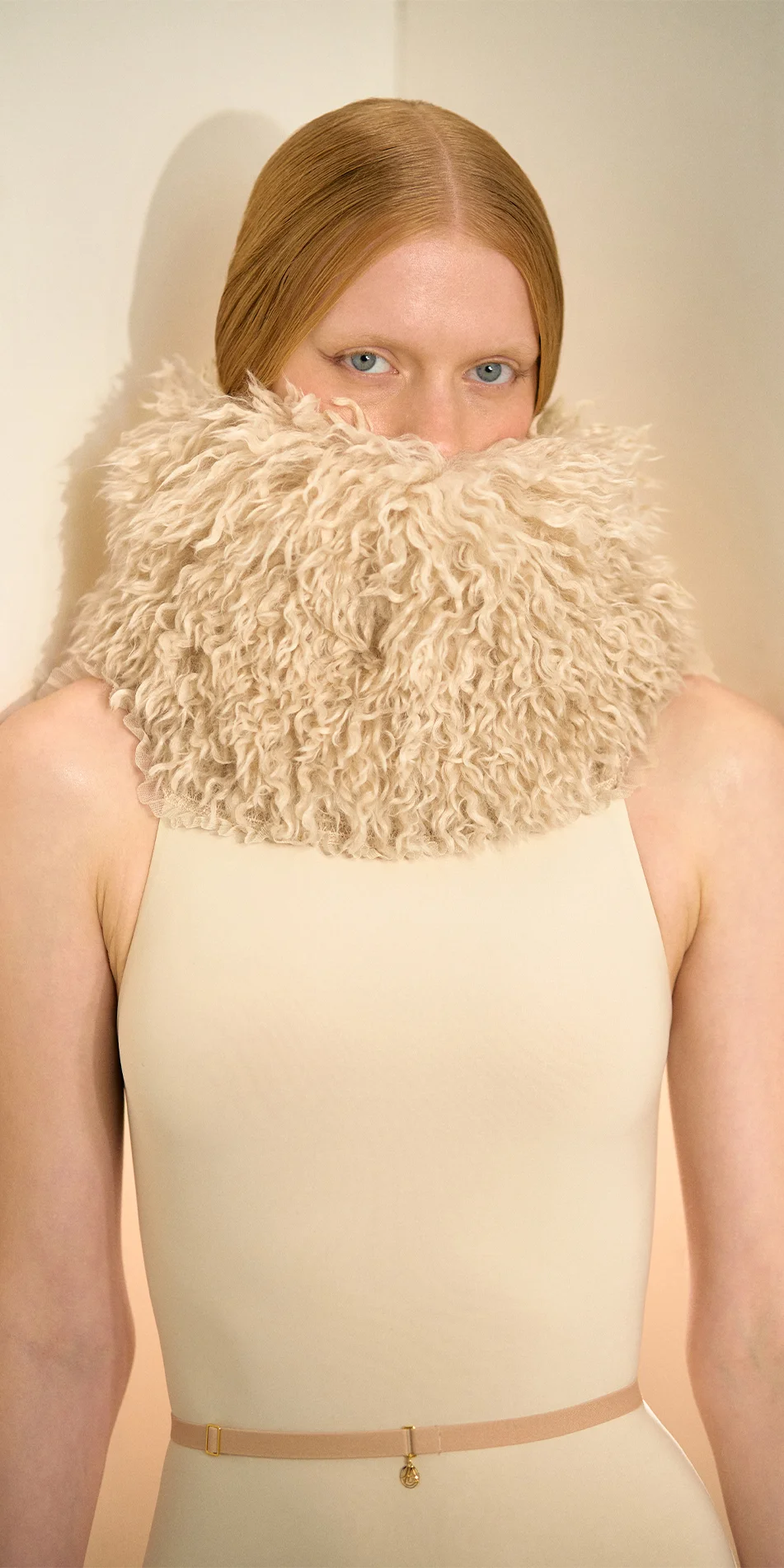 Faux fur hat neck warmer light beige front medium close up upper body