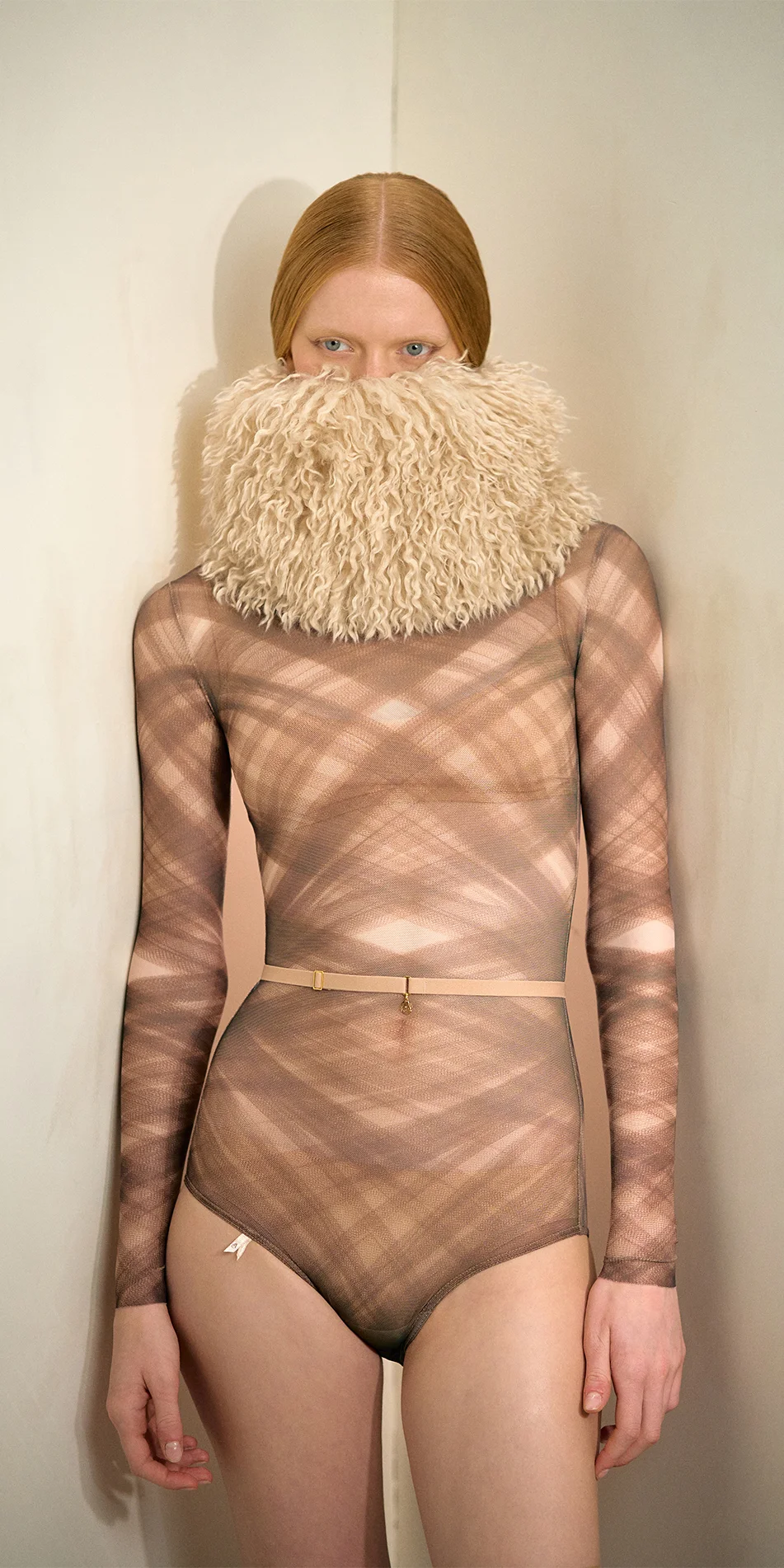 Faux fur hat neck warmer light beige medium shot with printed leotard