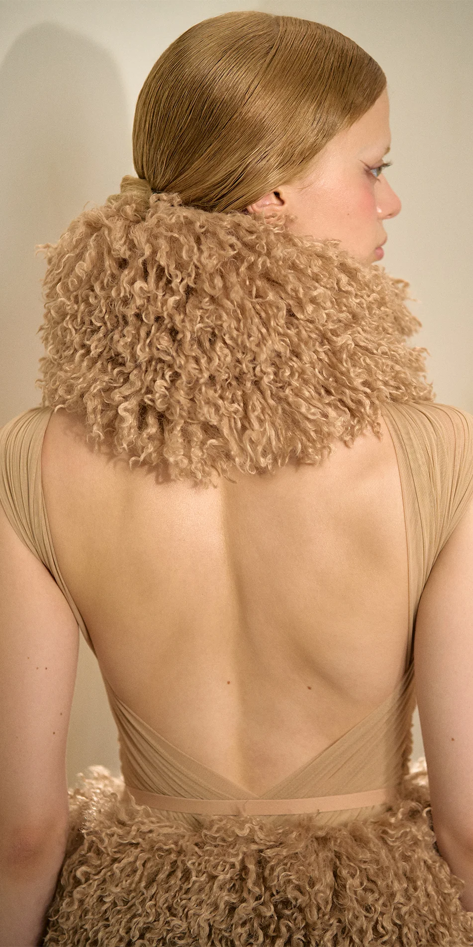 Faux fur hat neck warmer nude back detail