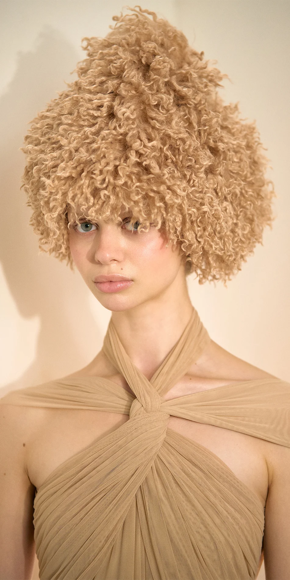 Faux fur hat neck warmer nude close up of face