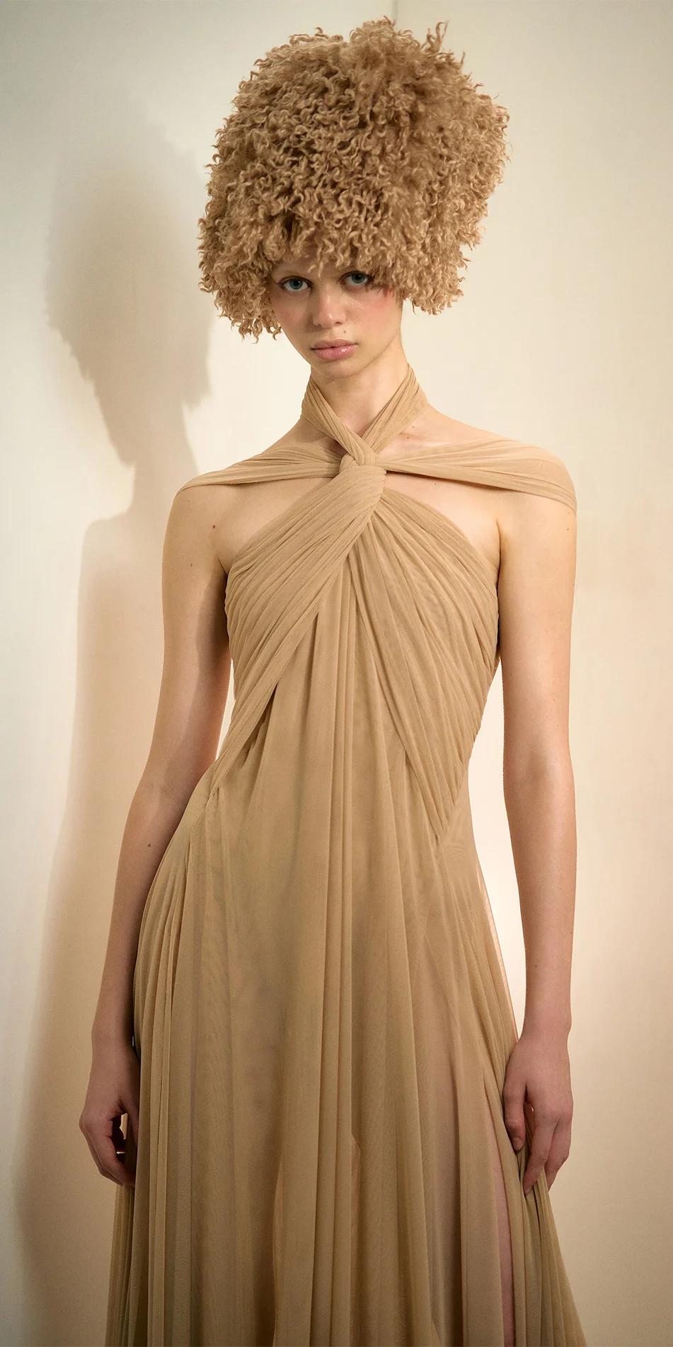 Faux fur hat neck warmer nude medium shot with model gaze