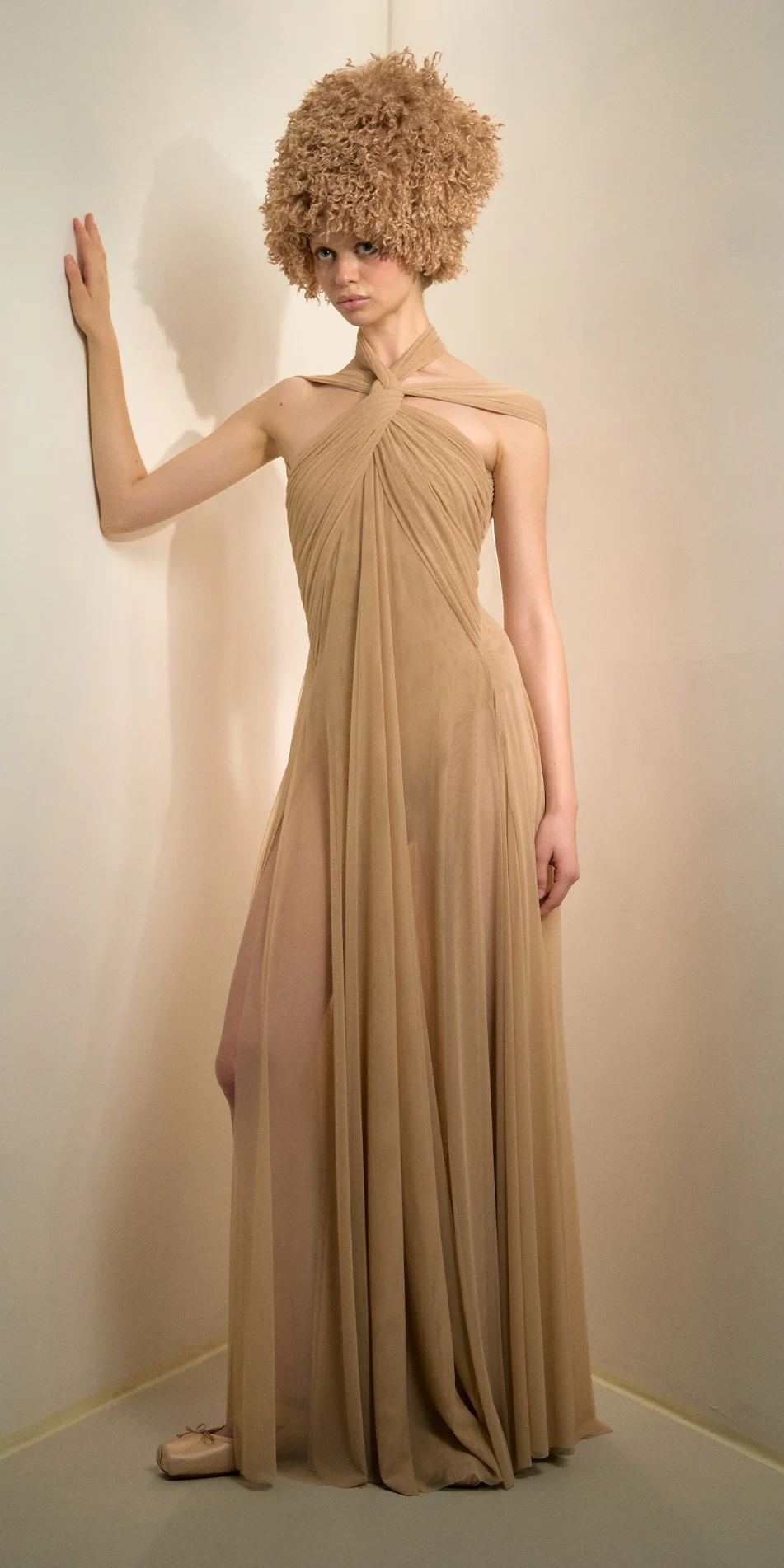 Faux fur hat neck warmer nude one arm up on