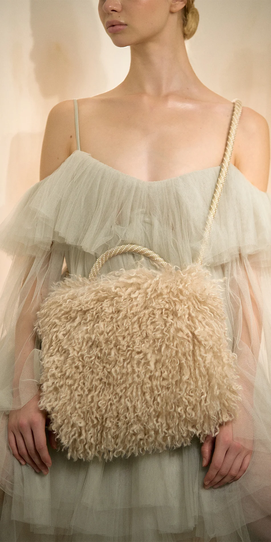 Faux fur muff crossbody bag light beige front close up