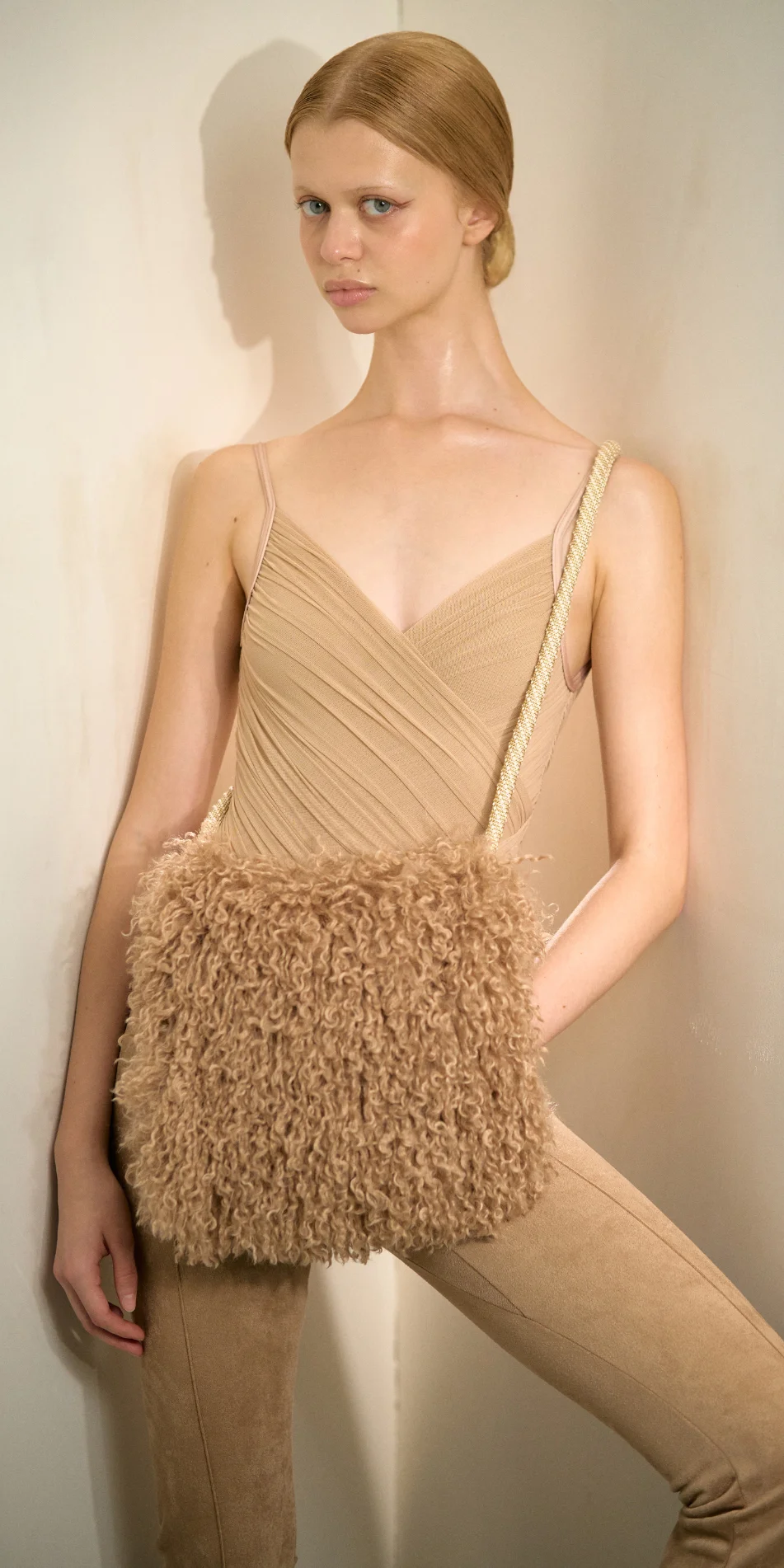 Faux fur muff crossbody bag nude cropped front