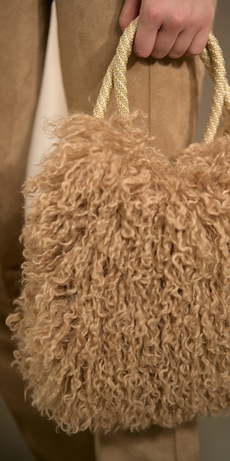 Faux fur muff crossbody bag nude detail
