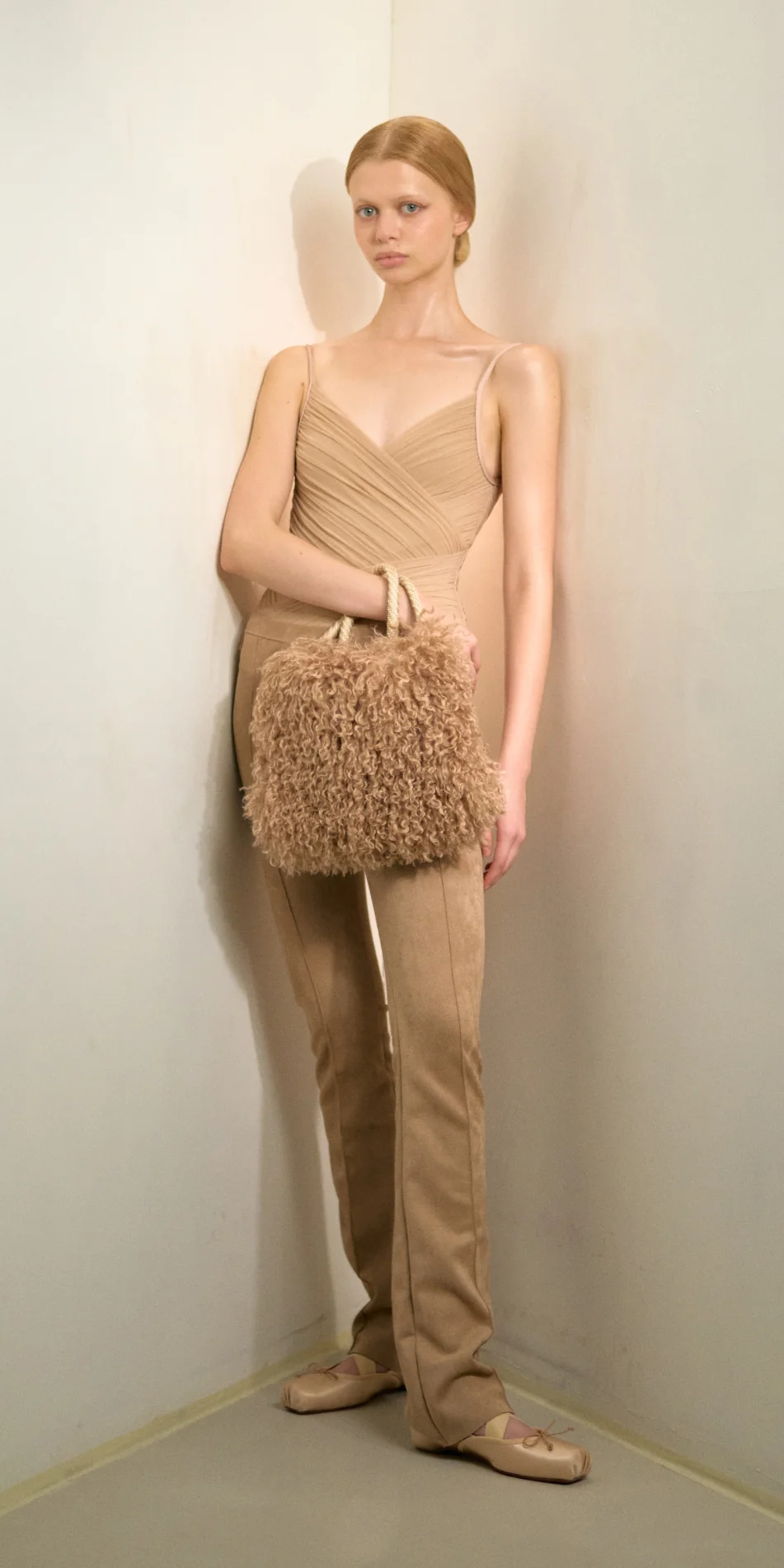 Faux fur muff crossbody bag nude front leaning