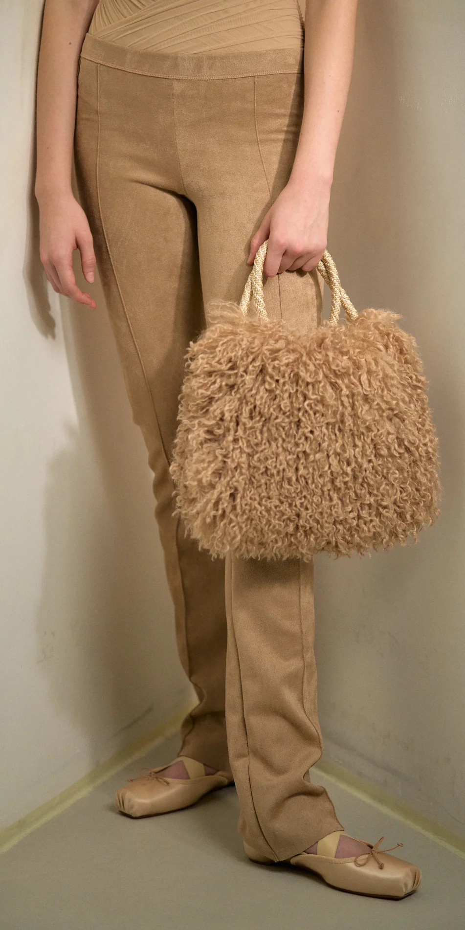 Faux fur muff crossbody bag nude front view close up
