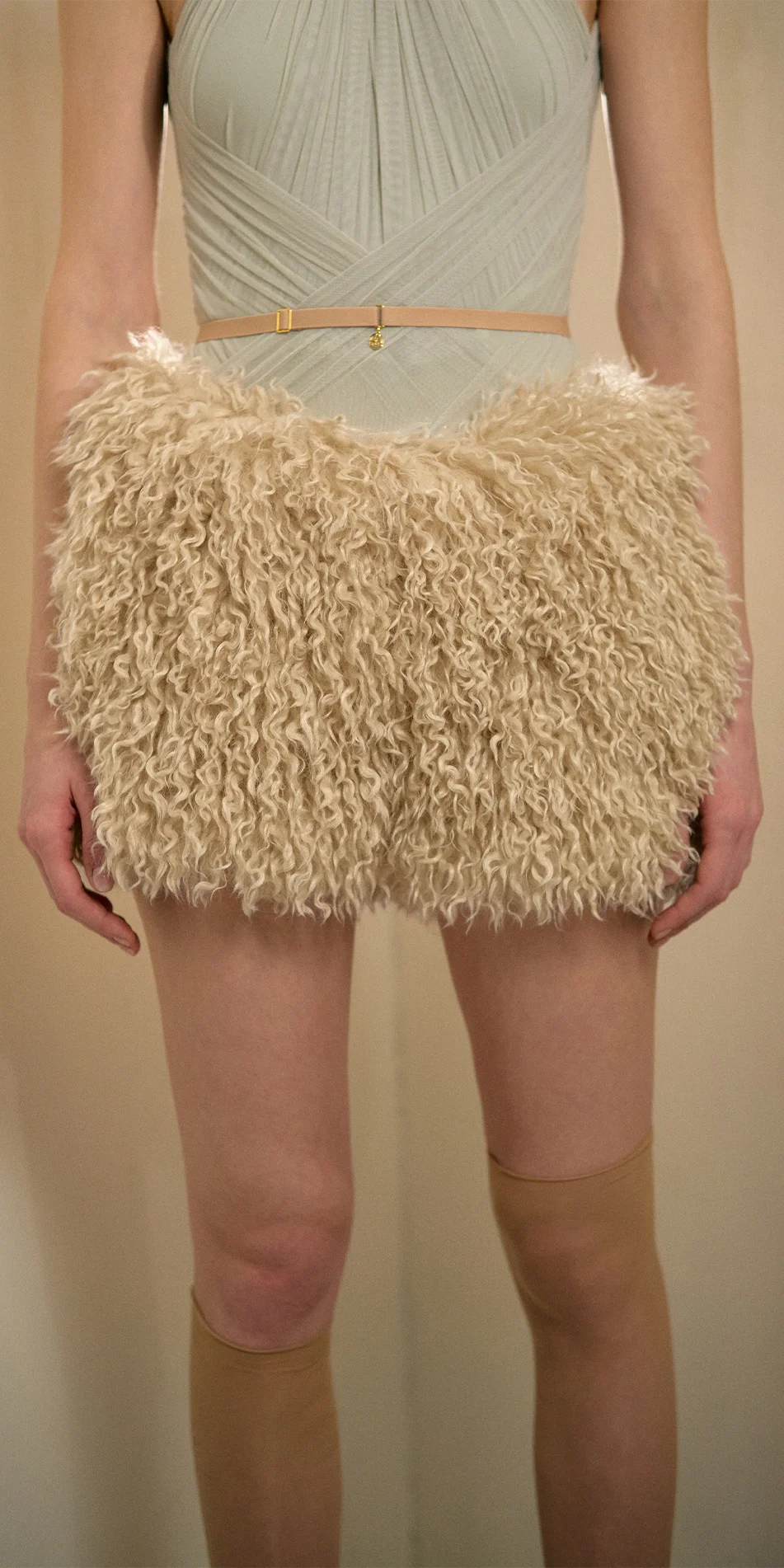 Faux fur shorts light beige front close up